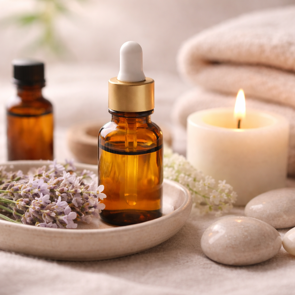 Aromatherapy massage setup with essential oils at Take Ten Massage in Clarkston, MI
